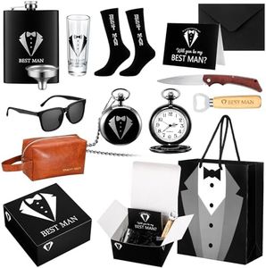 Shinylin 13 Pcs Groomsmen Gift Set Best Man Proposal Gift Stainless Steel Flask Gift Box Bag Shot Glass Bottle Opener Pocket Watch Sunglasses Knife Sock Card Toiletry Bag for Wedding Party(Best Man)