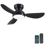 Kviflon 36 Inch Modern Ceiling Fans with Lights, Small Flush Mount Ceiling Fan with Light and Remote/APP Control, 3 Reversible 6 Speeds Curved Blades, 3 CCT Dimmable Lights for Bedroom, Black