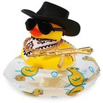 Duck for Cars, Rubber Duck for Car Dashboard, Squeaky Duck Bath Toy Yellow Duck Car Ornament Fun Cowboy Duck Car Accessories Car Dashboard Decorations with Swim Ring Hat Glasses(Style 3)