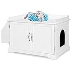 Best Choice Products Large Wooden Cat Litter Box Enclosure, Washroom Storage Cabinet Bench, Side Table Furniture for Living Room, Bedroom, Bathroom w/Magazine Rack - White