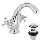 Victoria Bathroom Sink Tap for Basin with Pop Up Sink Plug Dual Cross Lever Chrome Brass Swan Neck Bathroom Tap Mixer Traditional Basin Mixer Tap 662WCR