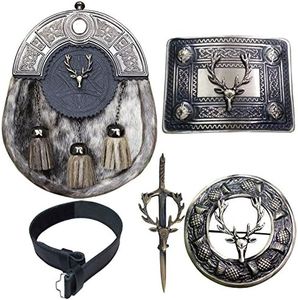 Kilt Belt with Buckle Scottish Kilts Sporran with Badge Style Stag Head/Kilt Pin/Fly Plaid Brooch 5 piece Set, Multicoloured, Medium
