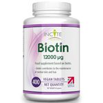 Incite Nutrition Biotin Hair Growth Support Supplement 12,000mcg - 400 Tiny 6mm Tablets (Full Year Plus Supply) - for Men & Women