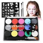 URAQT Face Paint Kit, 15 Color Face Painting Palette with 2 Brushes 32 Stencils, Washable Face Paints Safe Body Paint for Adults Kids Halloween Party Carnival, Makeup Paint Non-Toxic to Use