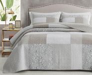 Chezmoi Collection Quinn 3-Piece Neutral Taupe Gray White Floral Hibiscus Flower Candy Stripe Patchwork Quilt Set - Pre-Washed Cotton Coverlet - Lightweight Reversible Bedspread, King Size