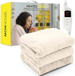 MONHOUSE Heated Throw - Electric Blanket - Digital Controller - Timer up to 9 hours, 9 Heat Settings, Auto Shutoff - Machine Washable - Double 150X200cm - BEIGE