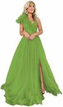 One Shoulder Tulle Prom Dress with Slit Ruffle Ball Gown Long Evening Dress Olive Size 18