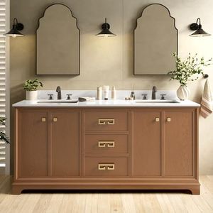 Alphabath 72 Inch Double Sink Bathroom Vanity, Fully Assembled Bathroom Cabinet with Marble Countertop & Backsplash, Soft Closing 4 Doors & 3 Drawers, Light Walnut