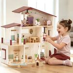 Lehoo Castle Wooden Dollhouse for Girls, 3-Story 5 Rooms Doll House with 38Pcs Furniture Accessories, Wooden Play House with Duplex Living Room, Pretend Play Gifts Toys for 3+ Year Old Girls