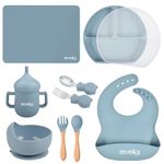 Baby Feeding Set by MONKA - weaning Set of 10 - Suction Bowl and Plate with lid - Two Pairs of Cutlery for Babies and Toddlers - 2 in 1 Drinking Cup - Adjustable bib - Table mat - BPA Free