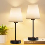 Aipsun Cordless LED Table Lamp 6000mAh Black Battery Operated Lamp Rechargeable Bedside Table Lamps,Nightstand Lamp with Fabric Linen Shade for Bedroom, Office, Living Room, Reading(2 Packs)