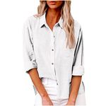 Womens Long Sleeve Shirt Tops Casual Button Down Cotton Linen Shirts Summer Tshirt Tops V Neck Roll Up Long Sleeve Blouses Loose Collared Shirt Oversized Tees Dressy Blouses Office Work Blouse