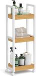 SONGMICS Bamboo Rolling Cart, 3-Tier Utility Cart on Wheels, Slim Narrow Storage Shelf, Bamboo Shelves, Space-Saving, Multifunctional, for Bathroom, Kitchen, White and Natural UBCB083N02