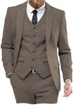 Mens Tweed Herringbone Wedding Suit Prom Tuxedos 3 Piece Peak Lapel Dress(Light Brown,34)