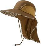 BASSDASH UPF 50+ Unisex Water Resistant Wide Brim Sun Hat with Large Neck Flap Ponytail Fishing Hat for Men Women (Caramel/Leopard)