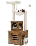 PEQUILT Cat Tree, 55.5" [141cm] Cat Tower with Replacable Top Bed and Leaves, Modern Wooden Cat Furniture with Litter Box Enclosure, Cat Condos with Scratching Posts for Indoor Cats, Rustic Brown