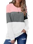 KISSMODA Sweatshirt for Women Fall Tops Lady Color Block Casual Crewneck Long Sleeve T Shirt PinkWhite Medium