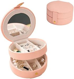 iForcase small mini Portable Travel Jewelry Organiser Box with mirror two layer Storage Case for Earrings Rings Bracelet Necklaces for Her Girl and Woman Anniversary Mother Birthday Gift-Pink