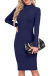 GRECERELLE Jumper Dress for Women UK Knitted Casual Mock Neck Long Sleeve Ladies Jumper Dress Slim Bodycon Stretch Winter Sweater Dresses Midi Dress (Navy Blue, S)