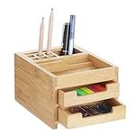 Navaris Small Wooden Desk Organiser - 12.7 x 15 x 9.4 cm Compact Holder Made of Bamboo Wood with Drawers, Tray, Pen Pot - For Work or Home Office