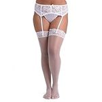 Lovehoney Lingerie White Sheer Nylon Thigh High Stockings - Stretchy Hosiery with Deep Floral Lace Tops - One Size Queen (18-24 UK)