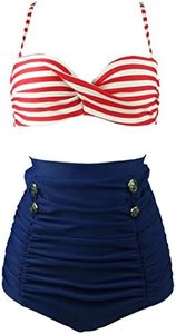 COCOSHIP Red White Stripe & Navy Blue High Waisted Bikini Buttons Vintage Bathing Suit Ruched Swimwear XL(FBA)