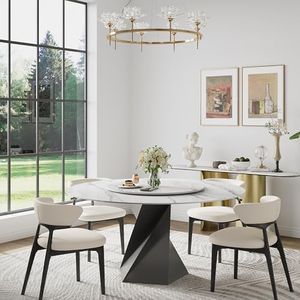 Modern Round Dining Table for 6, 59" Circle Sintered Stone Kitchen Table Top with Black Metal Pedestal Paired with a White Turntable for Dining Room (Table Only)
