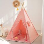 TreeBud Teepee Tent with Padded Mat for Kids, Pompom Play Tent for Child, Play House Tipi for Kids Room Decor (Pink)