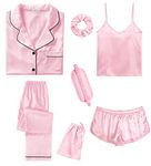 SWOMOG Women Silk Satin Pyjamas Set Button Down Nightwear with Eye Mask 7pcs Short Sleeve Sleepwear Soft Pjs Set Pink