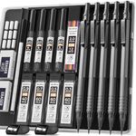 Nicpro Black Art Mechanical Pencil Set, 5PCS Metal Drafting Mechanical Pencils 0.3, 0.5, 0.7, 0.9, 2mm Lead Holder (4B 2B HB 2H Colored) For Writing Sketching Drawing With 9 Lead Refills Eraser Case