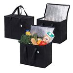 VENO 3 Pack Insulated Reusable Grocery Bag, Food Delivery Bag, Durable, Heavy Duty, Large Size, Stands Upright, Collapsible, Sturdy Zipper, Reusable and Sustainable (Black, 3 Pack)