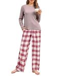 Famulily Women's Pajama Sets Round Neck Long Sleeves Top Plaid pj Pants Lounge Matching Pajama Bottoms Sets Pink L