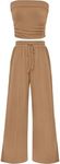 PRETTYGARDEN Womens Summer Outfits 2 Piece Sets Casual Ribbed Knit Crop Tube Top Wide Leg Pants Spring Matching Lounge Set(Camel,Medium)