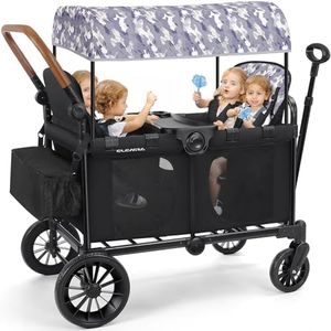 ELEMARA 4 Seater Wagon Stroller, Premium Stroller Wagon for 4 Kids, Foldable All-Terrain Wagon for Kids with Canopy, Adjustable Push/Pull Handles,Convertible High Seat&Organizer, Black+Purple
