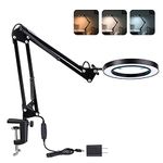 Magnifying Glass with Light and Stand, 3 Color Modes Stepless Dimmable, 5-Diopter Glass Lens, Adjustable Swivel Arm, LED Magnifier Desk Lamp for Close Work, Repair, Crafts, Reading - Long