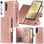 Varikke Compatible with Samsung Galaxy S24 Case, 2-in-1 Detachable Magnetic Wallet Case with RFID Blocking Card Holder, Glitter PU Leather Wrist Strap Kickstand Cases 6.2 inch, Rose Gold