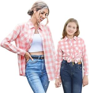 SANGTREE Girls & Women's Long Sleeve Flannel Plaid Shirt Button Down Shirts, 3 Months - US 2XL, A Pink White Plaid, 7-8 Years