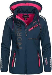 Geographical Norway RÊVEUSE Lady - Veste Softshell Femme Impermeable - Jacket À Capuche Outdoor - Blouson Coupe Vent Resistant Hiver - Activites en Exterieur Randonnée - Bleu/Rose XL - Taille 4