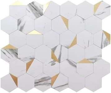 Box of 10 White & Gold Hexagon Tile Sheets – Mesh-Mounted, 8.3 Sq Ft, Not Peel & Stick Waterproof Vinyl, for Kitchen Backsplash, Bathroom Wall, Fireplace, Laundry, Accent Walls