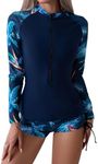 MAIABLEAU Women 2 Piece Rash Guard Long Sleeve Swimsuit Sets Swim Shirt with Boyshort Bathing Suits Blue Leaves 2XL