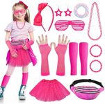 Partideal 80s Fancy Dress Costume for Girls, 23 Pcs 1980s Outfit Accessories Set Tutu Skirt Leg Warmers Fishnet Gloves Necklace Bracelets Bow Headband Star Earrings Glasses Bumbag(Pink)