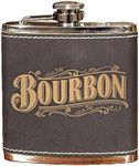 Bourbon 6oz Black Leather Stainless Steel Hip Flask with Laser Engraved Design - Leak Free, Easy To Hide, Thousand Oaks Barrel Co. (FSK617A)