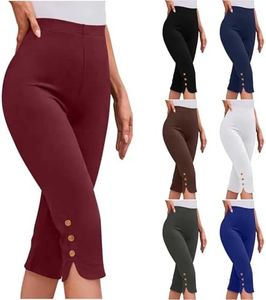 FQZWONG Capri Leggings for Women, 2025 Spring Summer High Waisted Capris Plus Size Knee Length Crop Pants with Pockets Dressy Casual Side Button Sweatpants Ladies Tummy Control Bottom (Wine,L)