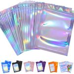 50pcs Mylar Holographic Bags 10.5x15cm,Foil Smell Proof Mylar Bags Resealable Sweet Pouches,Small Plastic Bags Sample Bags for Lipgloss,Jewelry,Eyelash,Food Storage Gift Grip Foil Ziplock Mylar Bags