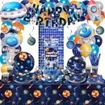 Outer Space Birthday Party Supplies, Include Happy Birthday Banner, Plates, Balloons, Solar System Swirl Decorations, Tablecloth, Napkins, Cups, Paper Straws for Kids Space Birthday Party, Serves 20