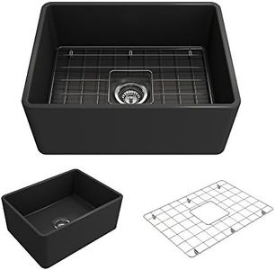 BOCCHI Classico Farmhouse Apron Front Fireclay 24 in. Single Bowl Kitchen Sink with Protective Bottom Grid and Strainer in M.Dark Gray