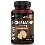 Lions Mane Mushroom 2000mg - 180 High Strength Vegan Tablets - Lion's Supplement with Black Pepper - Mushrooms Extract (Not Powder or Capsules) Made in The UK By New Leaf products