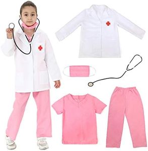 Rabtero Kids Doctor Role Play Costume White Jacket with Pink Scrubs(60% polyester+40% cotton) and Stethoscope Syringe 4T-6T