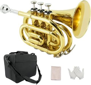 YoungMonic Pocket Trumpet Bb Flat Brass Trumpet for Beginner Student with 7C Mouthpiece Carrying Hard Case Cleaning Cloth Gloves