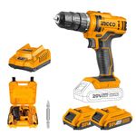 INGCO 20V Cordless Drill, 15+1 0.8-10mm 45NM 2-speed Gear, 0-400/0-1500/rpm Electric Drill Machine, Drill Machine Kit 2pcs Lithium-ion 1.5Ah Battery,1 Fast Charger, 1pcs Screwdriver (1 Set)